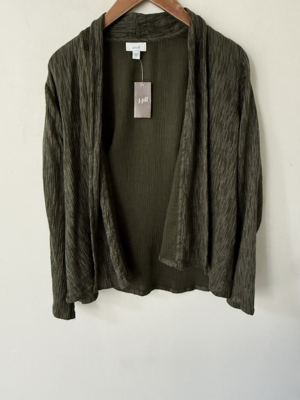 J. Jill Heather Peat Moss Green Open Front Cardigan Sweater Knit Women Size S